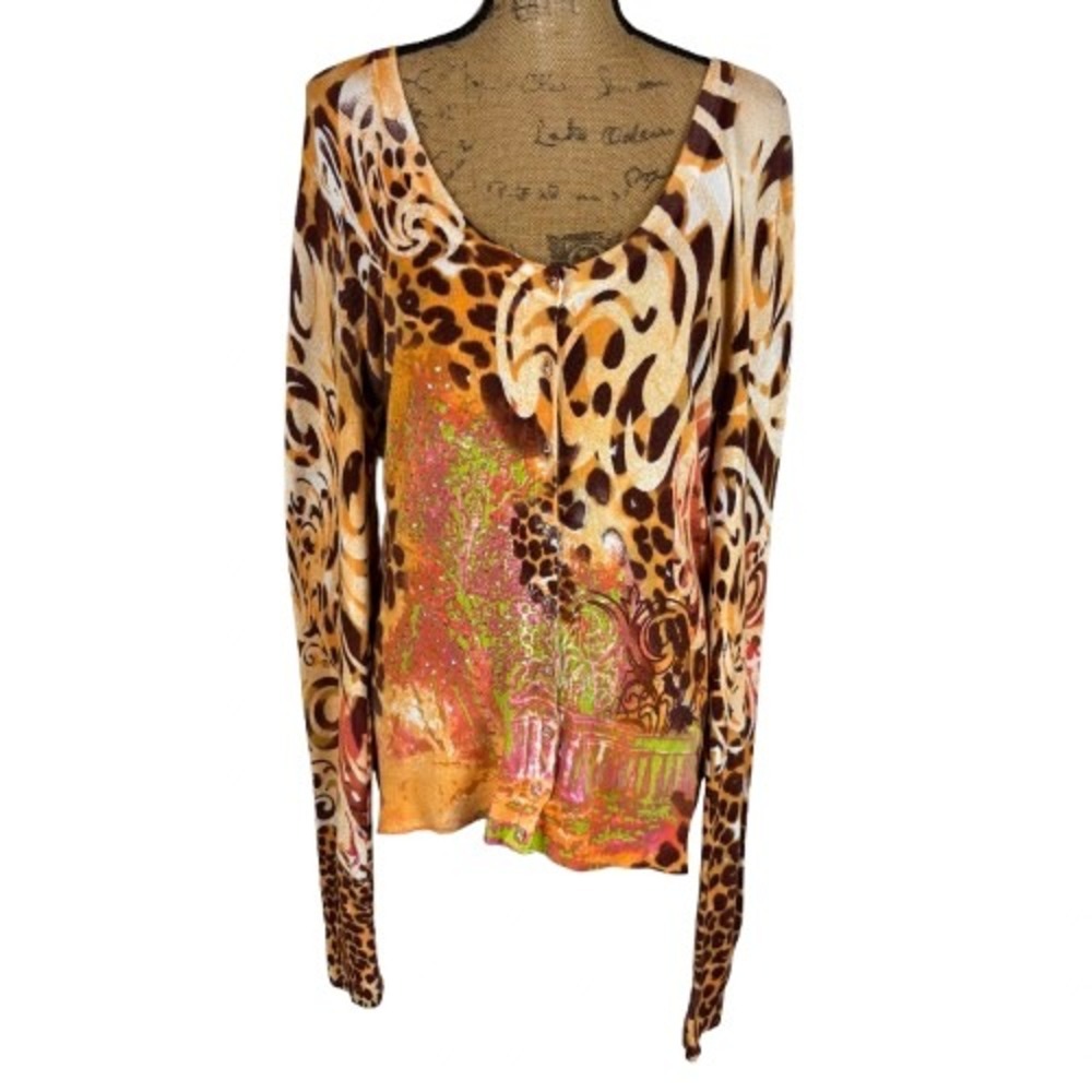 Vertigo Paris Silk Blend Cardigan Leopard Print Sequin Orange Brown Size Medium